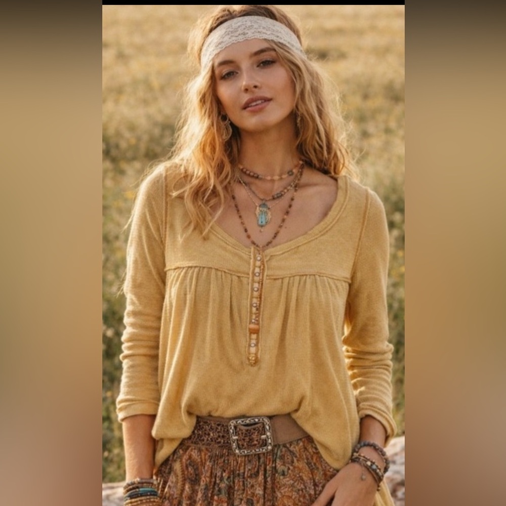 Free People We The Free Yellow Thermal Top S Boho Babydoll Henley Flowy
